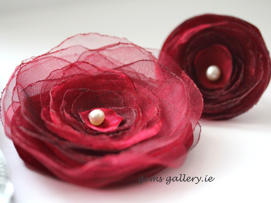 Deep Red Satin Brooch and Ring Set Organza Flower - gemsgallery