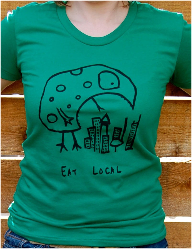 Eat Local Monster T shirt - American Apparel 50/50 - Monster Eats City - Green - Womens S,M,L,XL