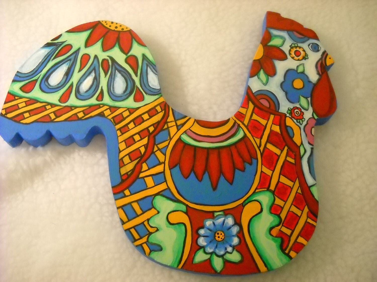 Chicken, Wood, Handpainted, Talavera Pottery Inspired, Lattice Work, Flowers, Paisley Shapes, Reds, Greens, Gold, Blue