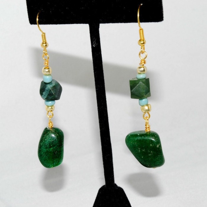Jade Earrings Wire Wrap with Light Blue Trade Beads and Japanese Gold Glass Beads- Vintage Chunky Green
