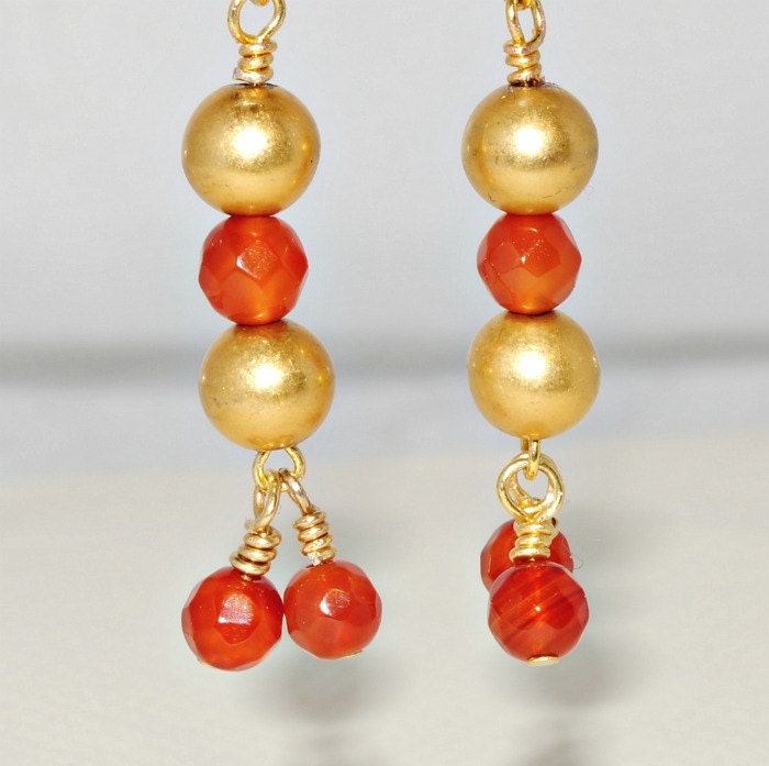 Bead Earrings Dangle with Vintage Antique Gold Tone Metal Plated and Red Carnelian Faceted Beads-Vintage Inspired