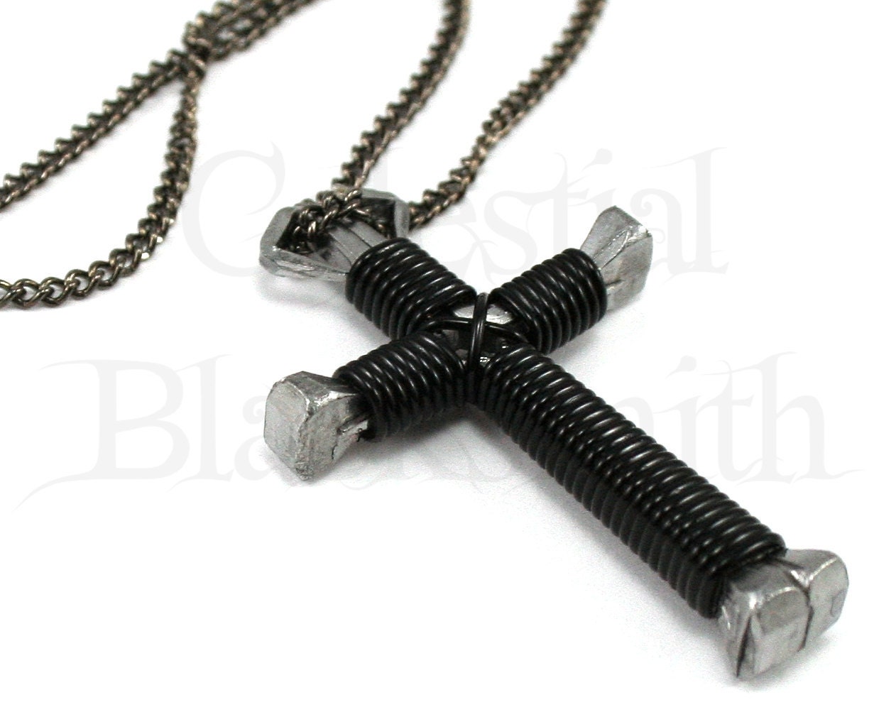 Nail Cross Necklace on Black Cross Necklace   Black Wire Wrapped Horseshoe Nail Cross Pendant