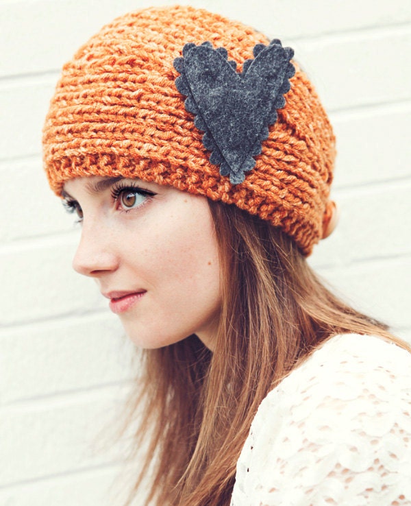 Tangerine Knitted Headband with gray felt heart READY TO SHIP