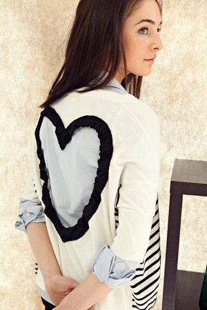 Heart Cut out Sweater Upcycled Heart Sweater in Black/white Back Cut Out Cardigan Sweater