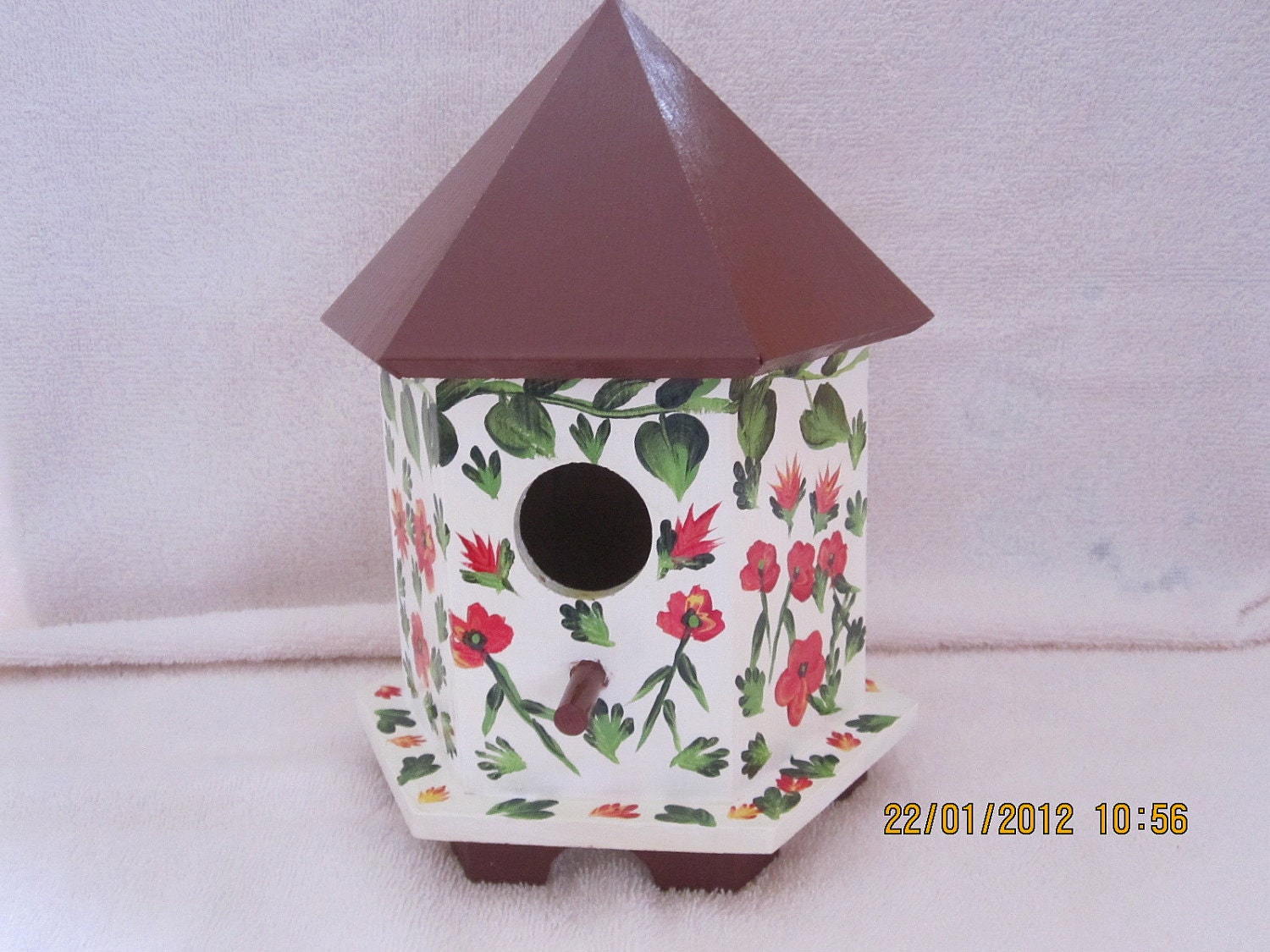 Birdhouse with red flowers and green vine