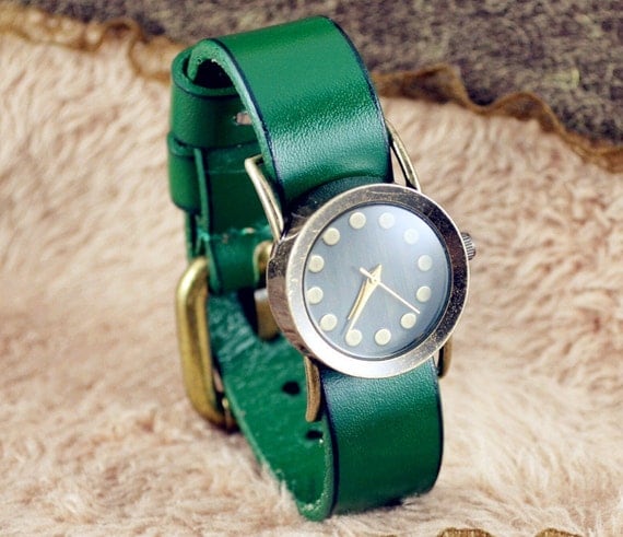Leather Watch & bracelet ,Green leather,vintage,classical, WN06-2