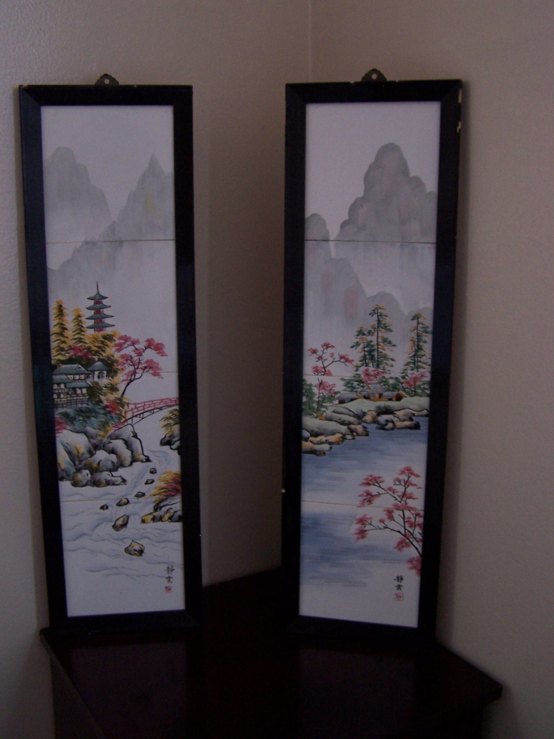 Hand painted Japanese ceramic tile framed wall art by mllevintage