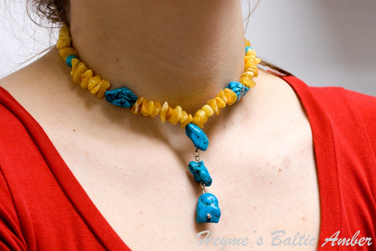 Butterscotch baltic amber and turquoise necklace - yellow and blue