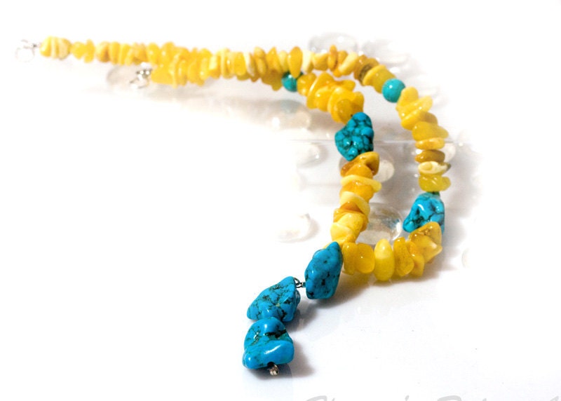Butterscotch baltic amber and turquoise necklace - yellow and blue