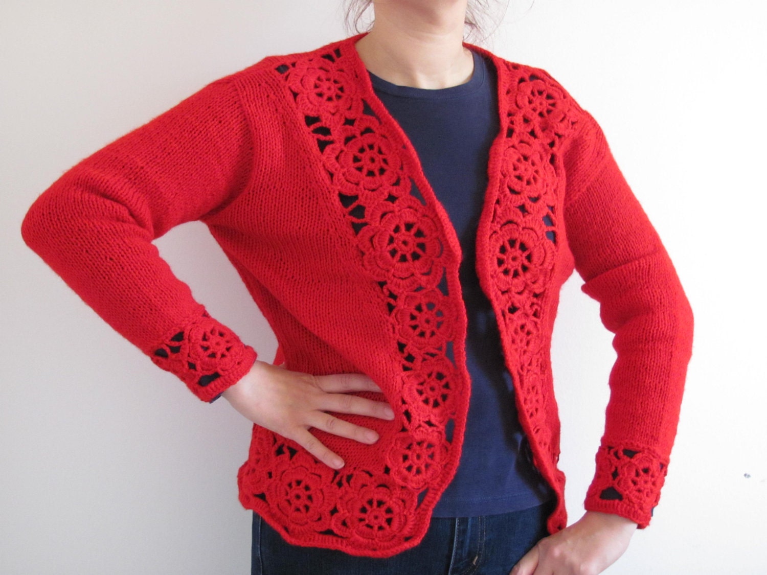FREE SHIPPING Hand knit Red Sweater with lace