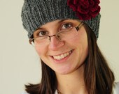Grey Hand Knit Hat with Burgundy Crocheted Flower, Accessories, Gift for Her, Handmade by PrincesaAnastasia