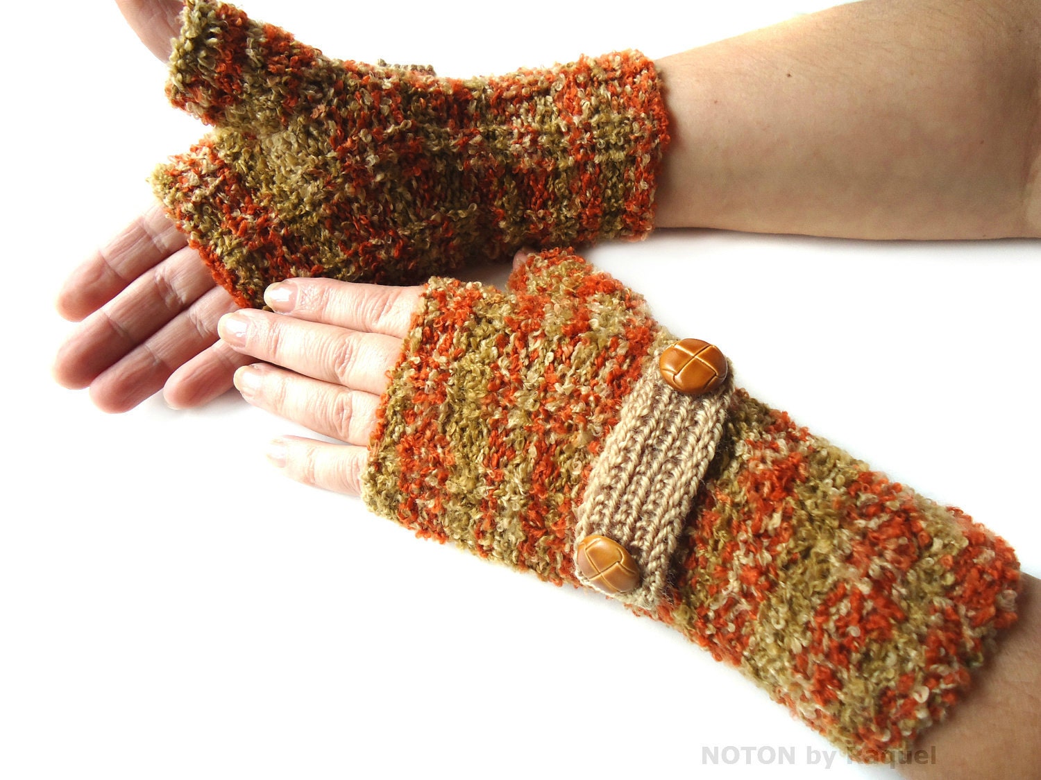 Knit Fingerless Gloves in Orange and Beige