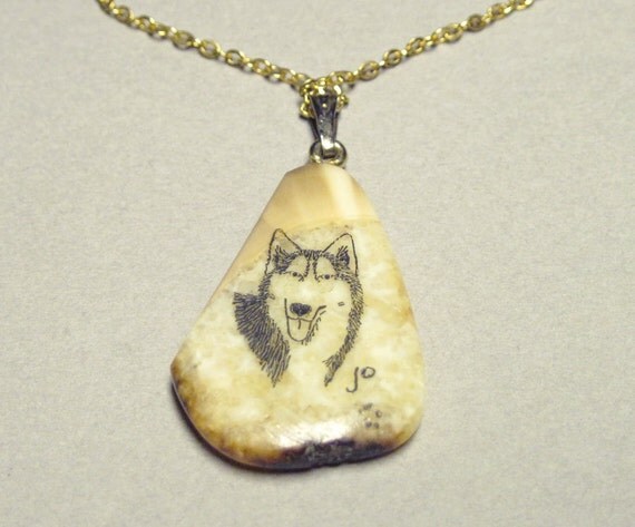 Fossil Walrus Ivory Scrimshaw Pendant Alaskan Husky by dkantiques