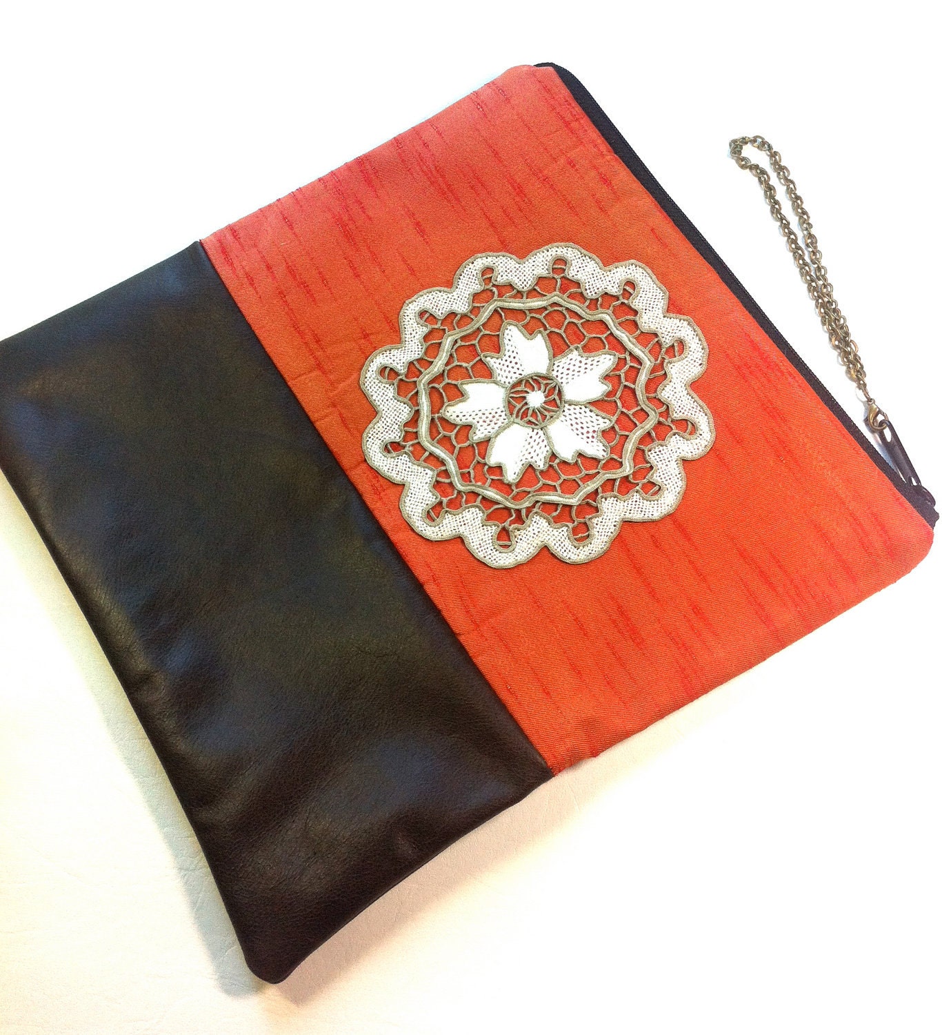 Recycled Leather and Reclaimed Fabric Square Foldover Clutch,  Brown and Orange - hoshiidesigns