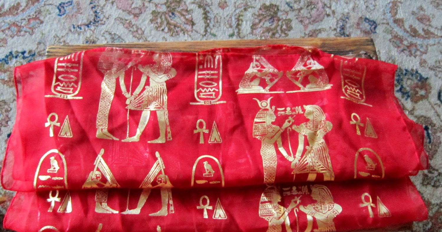 Vintage Red Gold Egyptian Over-Head Scarf (osfm)