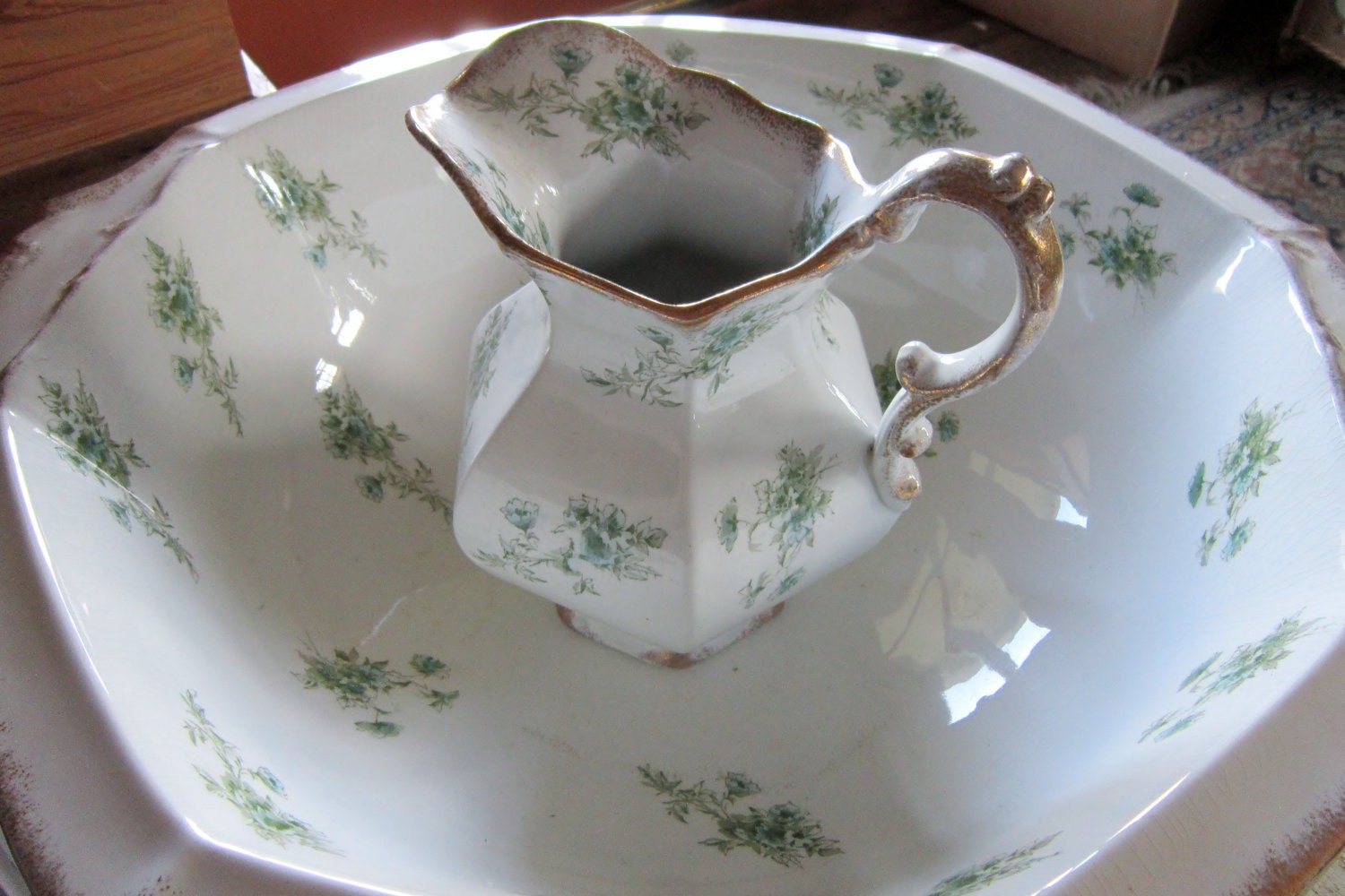 Wash Set W.H. Grindley & Co Semi Porcelain Wash Set, Late 19th Century Blue/Green
