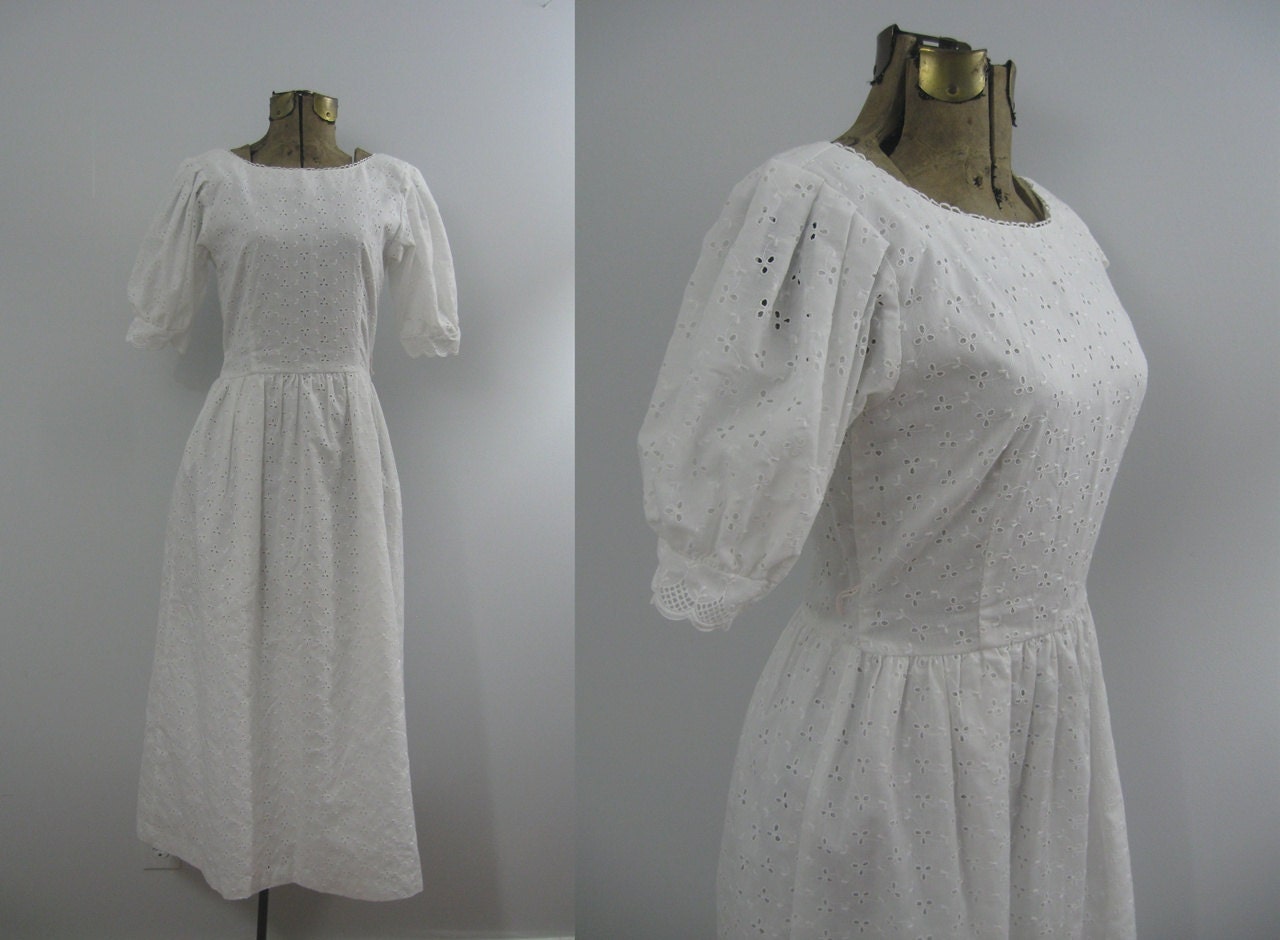1980s white eyelet dress / vintage 80s Lanz dress / xs