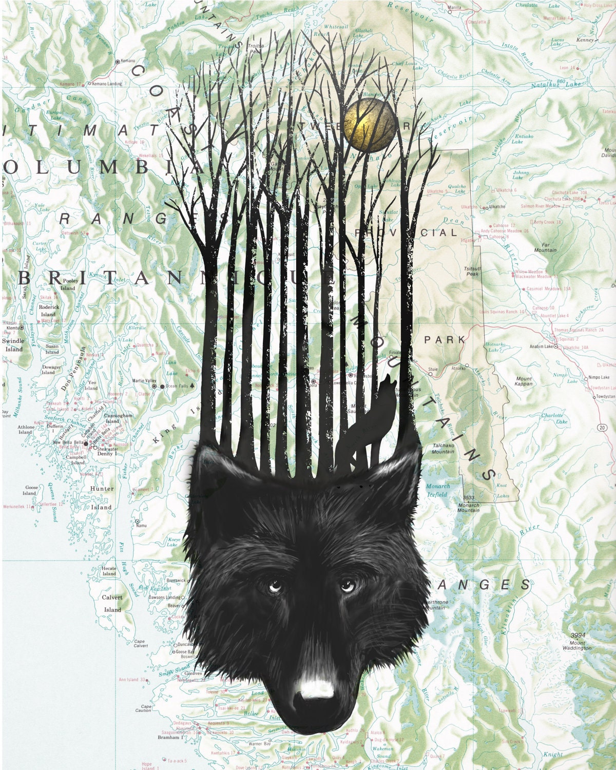 Vintage Retro Style Map Atlas Graphic Illustration Art Print: WOLF BARCODE