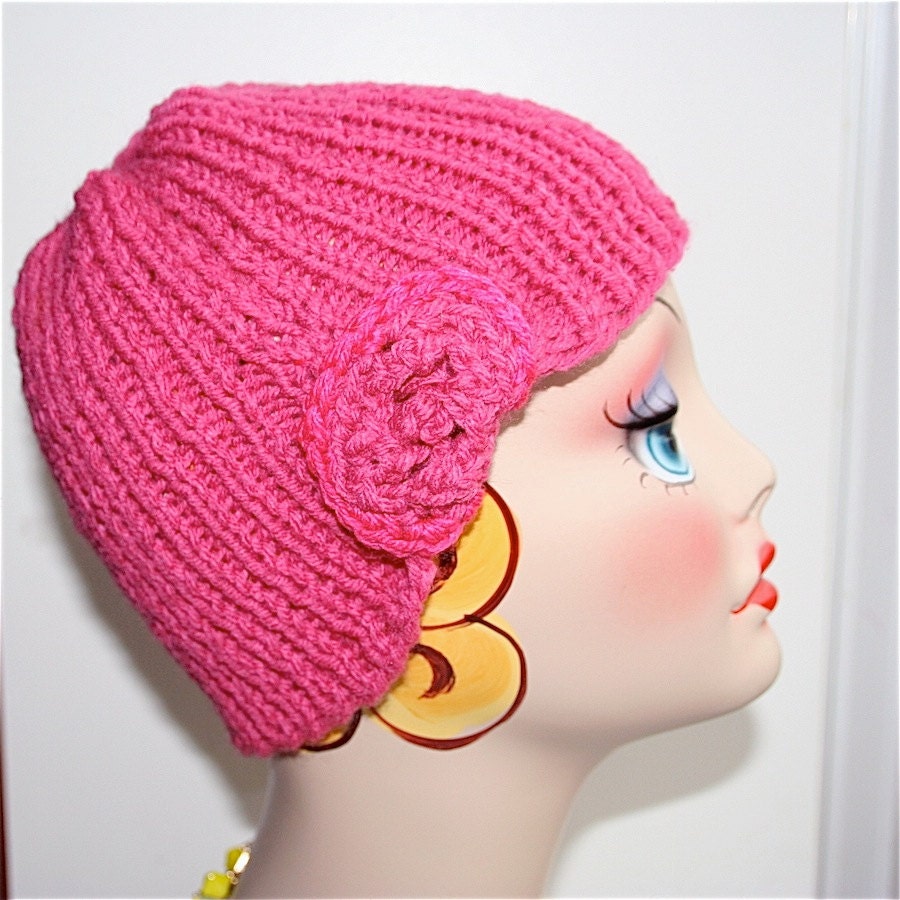 Elegant Women Hat with Attached Flower, Hand Knitted, Deep Pink Color, Made in the USA, FREE SHIPPING