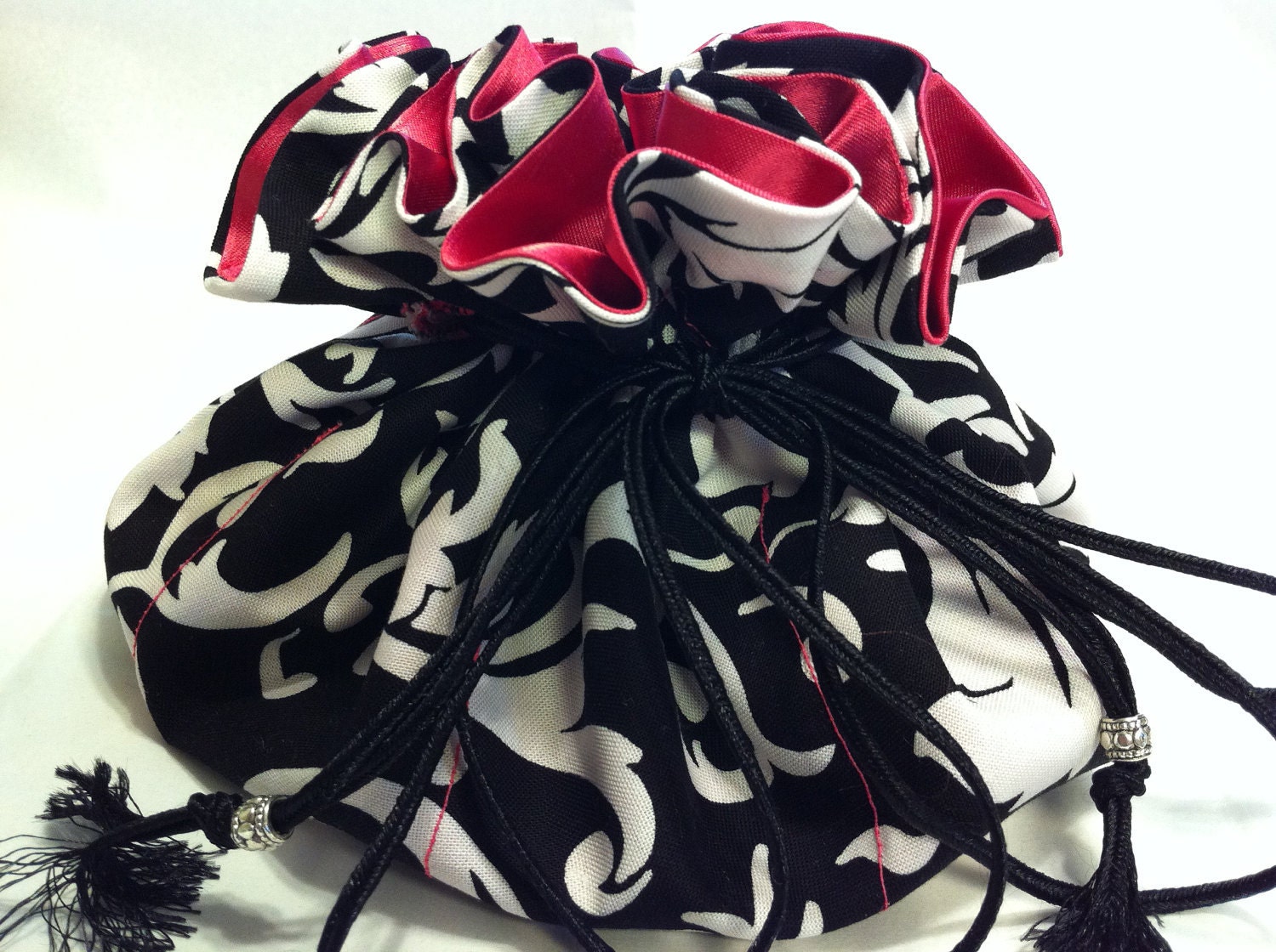 Jewelry Drawstring Pouch / Travel Jewelry Organizer / Cosmetic Case / Black and White Design with Pink  Inside