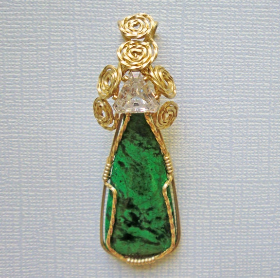 Rare emerald green Burmese Maw Sit Sit jade gold filled wrapped pendant with CZ accent