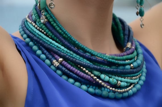 Waves of the ocean, gemstones and neon wood statement necklace