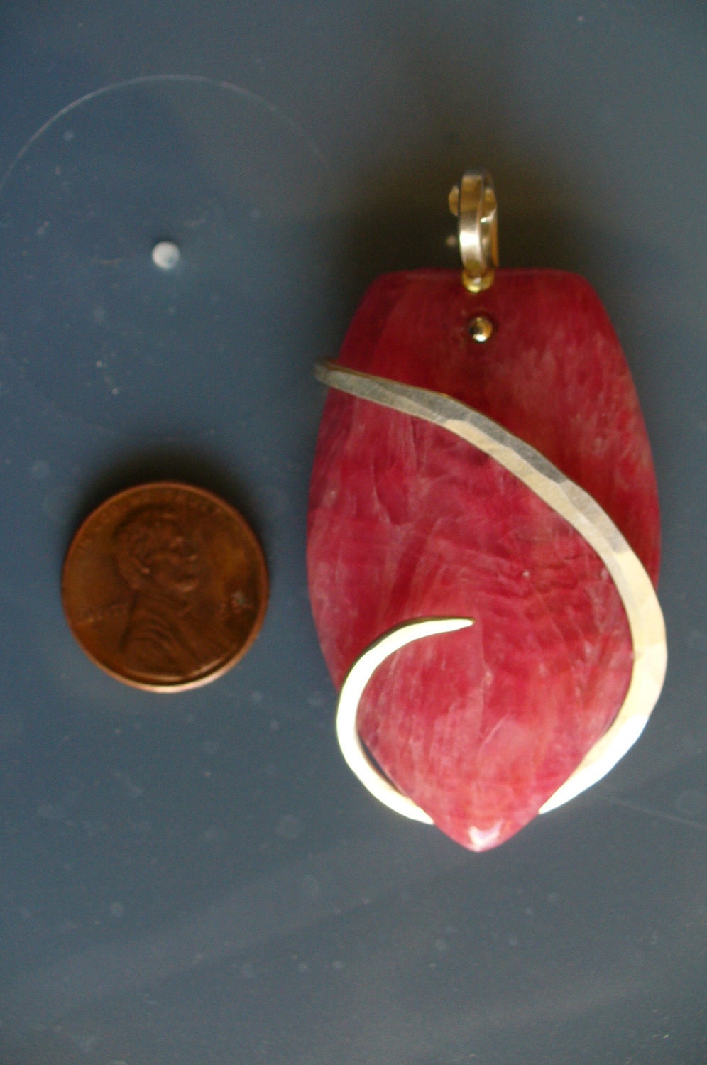 Rhodochrosite Hammered silver wrapped pendent