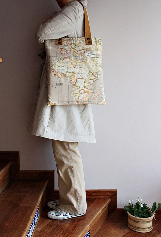 beige world map print large diaper bag/  large tote bag/messenger bag/ shoulder bag/everyday purse/ready to ship