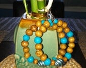 Turquoise and Brown Wooden Beaded Hoop Earrings: "Southwest Charm"