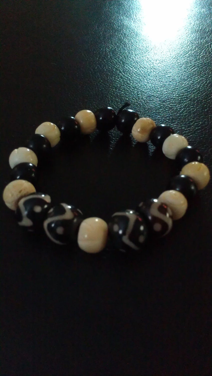 Unisex Tribal Black and Ivory Beaded Bracelet with Wooden, Bone, and Ceramic Beads and Stretch Elastic Cord