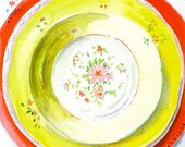 Still Life Kitchen Decor of Original Watercolor Painting -- Vintage Plates - red and yellow
