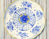 Still Life Kitchen Decor of Original Watercolor Painting -- Vintage Plate -- Golden Yellow and Blue