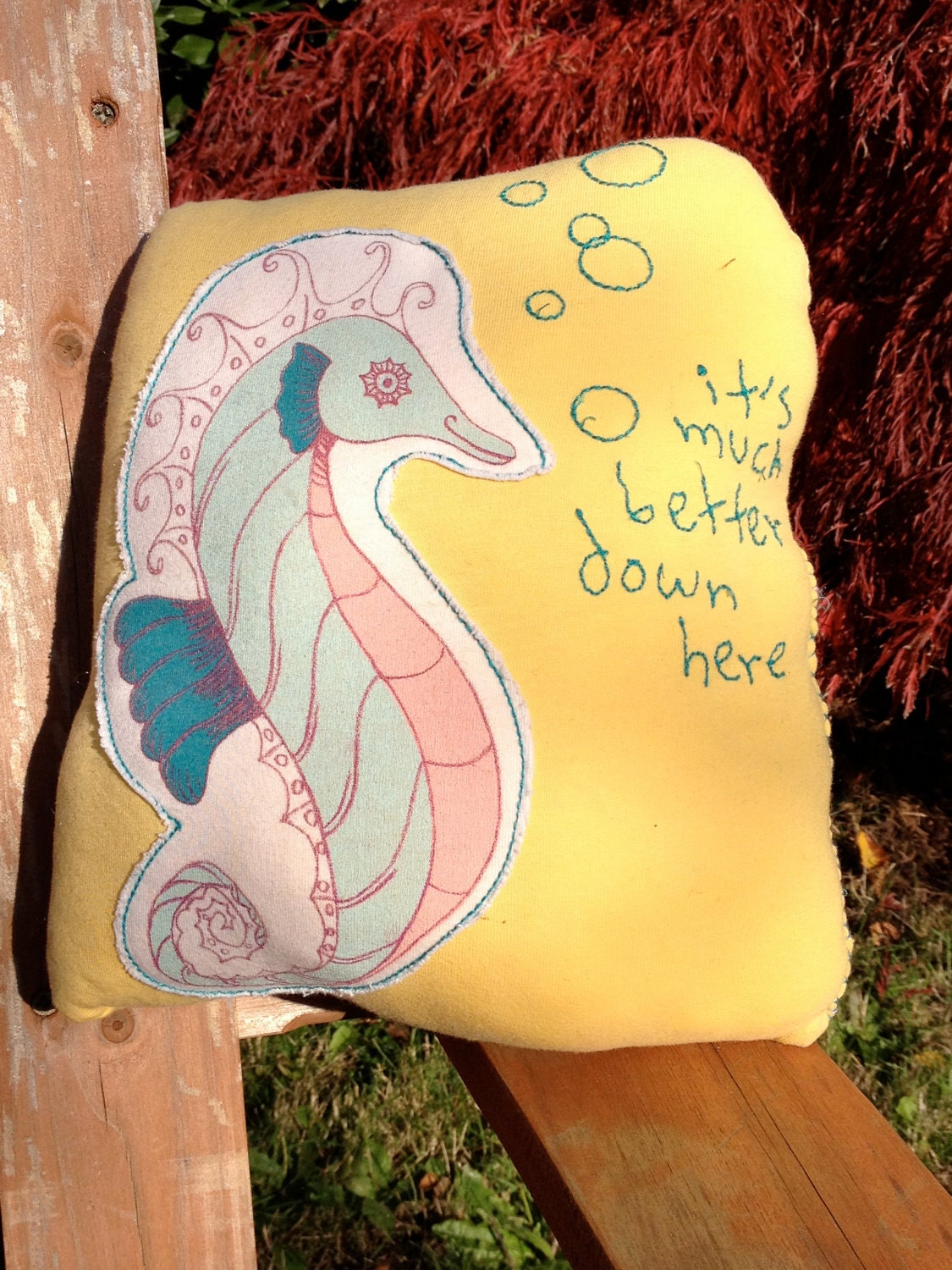Upcycled ecofriendly seahorse "it's much better down here" t-shirt pillow in yellow