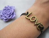 bracelet---antique bronze love, real leather bracelet---Z226