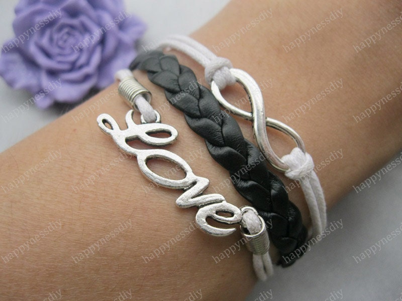 bracelet---The Ture love will go on bracelet,antique silver love bracelet,infinity bracelet,black braid bracelet---Z257