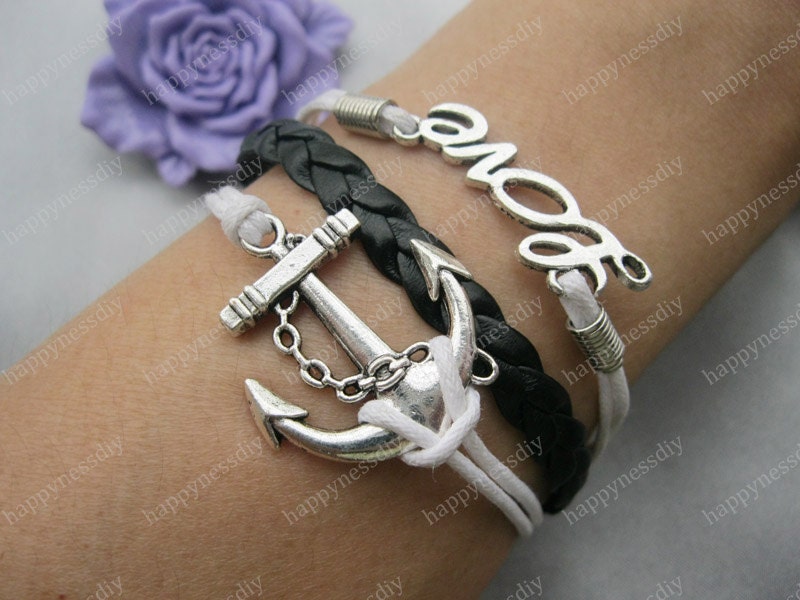 bracelet---antique silver love bracelet,anchor bracelet,black braid bracelet---Z258