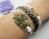 bracelet---karma bracelet,antique bronze owl bracelet,infinitywish bracelet,black braid bracelet---Z267