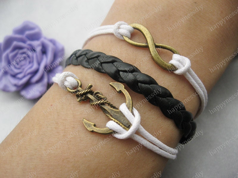 bracelet---karma bracelet,antique bronze anchor bracelet,anchor pendant,infinitywish bracelet,black braid bracelet---Z266