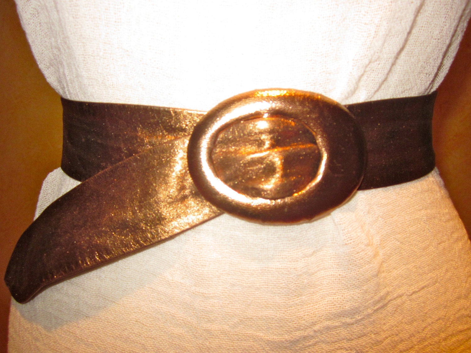 Vintage Metallic Copper Suede Cinch Belt With Covered Buckle