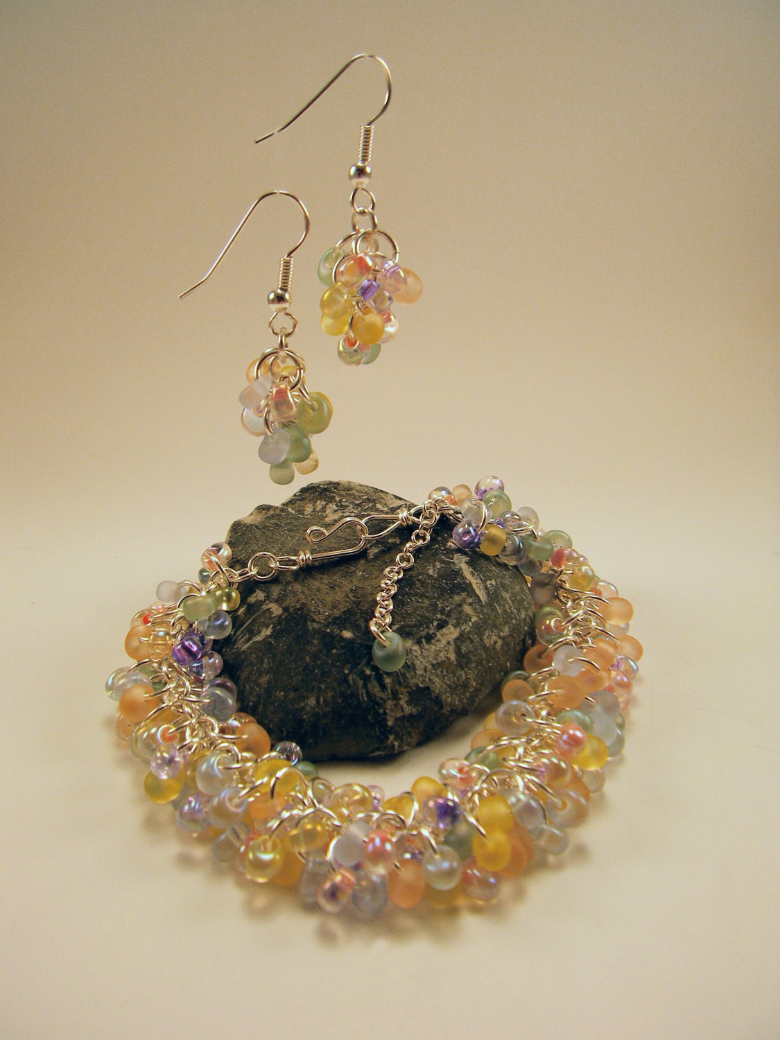Shaggy Bead Bracelet and Earrings - Sterling Silver Plate