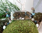 PAINTED MINIATURE Dog Portrait Brooch Mixed Media Acryllic Sterling Silver Pearls Antique Rosary Beads Pin Back