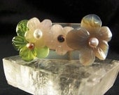Vintage Brooch Carved Flowers Quartz Chalcedony Freshwater Pearls 18.00 obo
