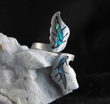 RESERVED For Circex: Vintage Ring Mexico Abalone Inlay Leaf Motif Alpaca Silver Mixed Metals Signed Mexico
