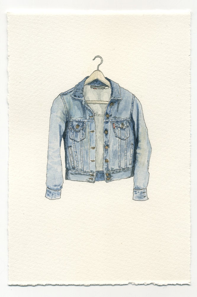 ORIGINAL Watercolor Illustration - Worn In Blue Grunge Denim Jean Jacket