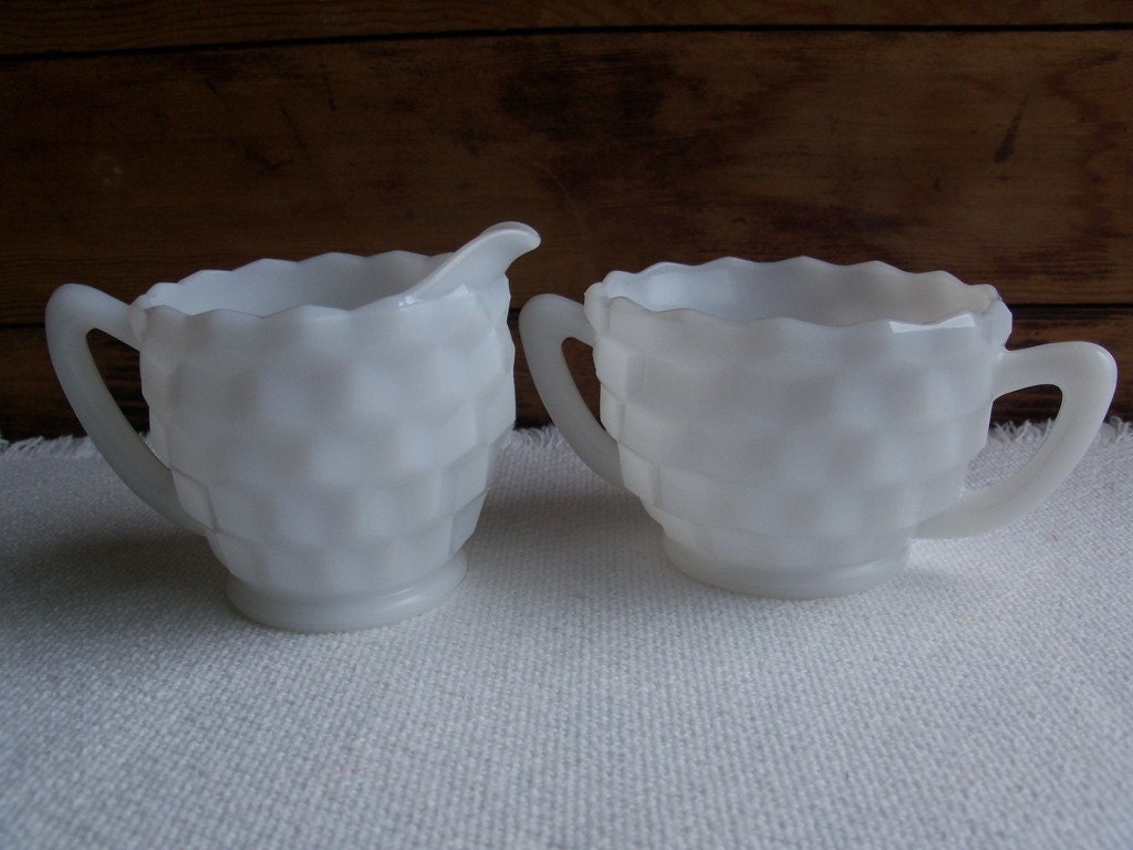 Hazel Atlas Sugar and Creamer Cube Pattern Pair (2) White Milk Glass Vintage 1950s