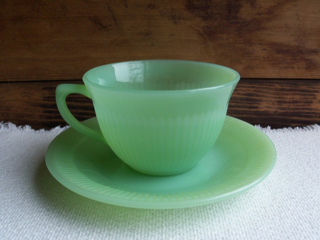 Fire King Jadeite JaneRay Cup and Saucer Set by celladores