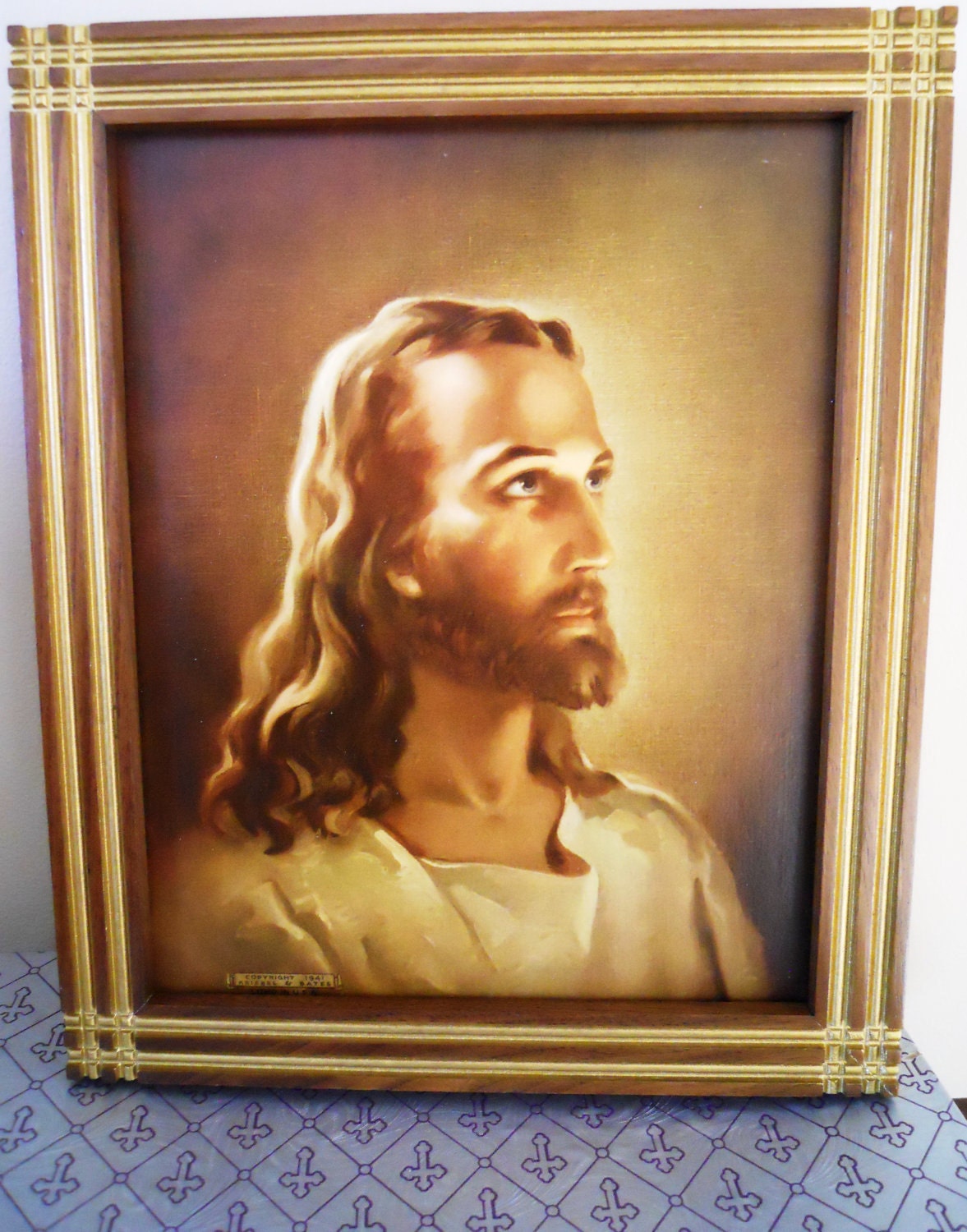 Kriebel and Bates Litho of Head of Christ  Wood Wall Hanging Unit.  1941. Original Box.