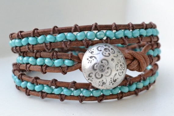 Turquoise beaded triple wrap distressed light brown leather bracelet, bohemian, shabby chic