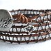 Clear beaded triple wrap distressed brown leather bracelet, shabby chic