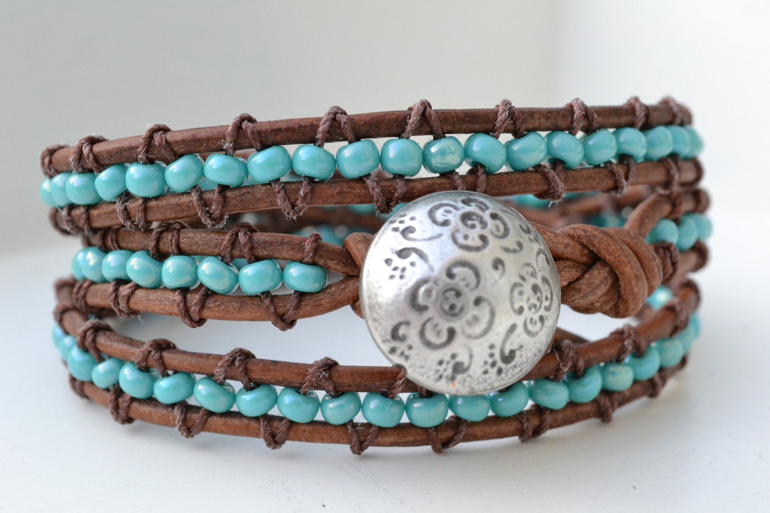 Turquoise beaded triple wrap distressed light brown leather bracelet, bohemian, shabby chic